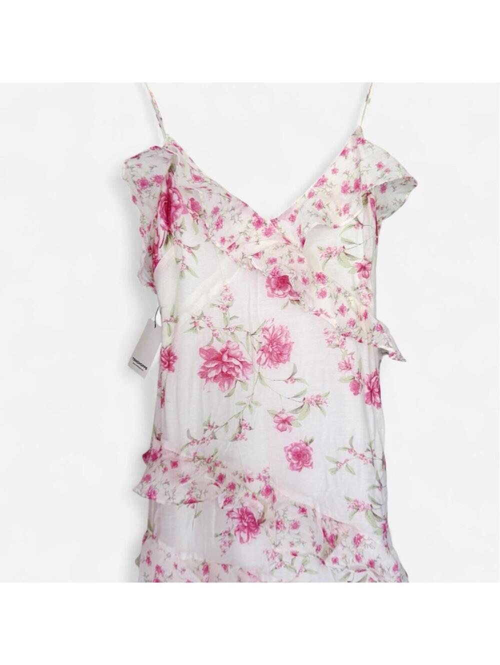 Cream Pink Rose Floral Tiered Ruffle Bias Midi Dress